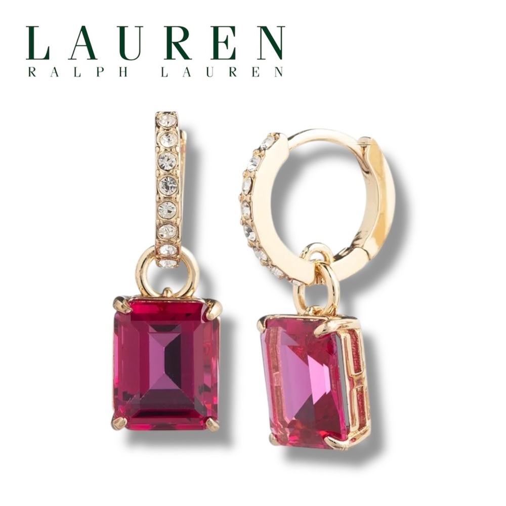 Ralph Lauren Gold Hoop Earrings with Pink/Red Emerald-Cut Stones